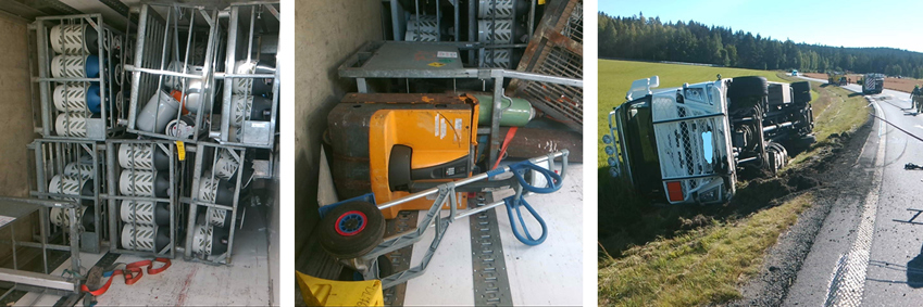 Tre bilder som viser gassflasker hulter til bulter og en lastebil liggende på siden på et jorde.