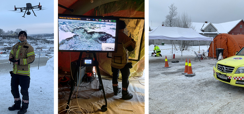 Bildene viser dronen i bruk under arbeidet med leirraset i Gjerdrum kommune vinteren 2021.