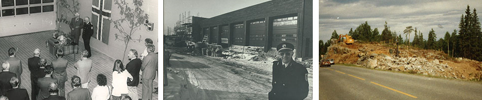 Fra venstre: Innvielse av den nye stasjonen 23. august 1982. Ordfører J. Wiik overleverer stasjonen til brannsjefen. I midten: Brannsjef Høgetveit foran en nesten ny brannstasjon. Til høyre: Tomt til ny brannstasjon på Lørenskog sprenges ut 1980-81.