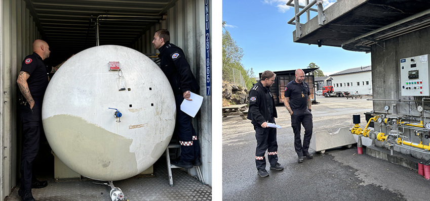 Bilde av to menn på hver sin side av en stor tank, og de samme mennene som ser på et røropplegg utendørs.